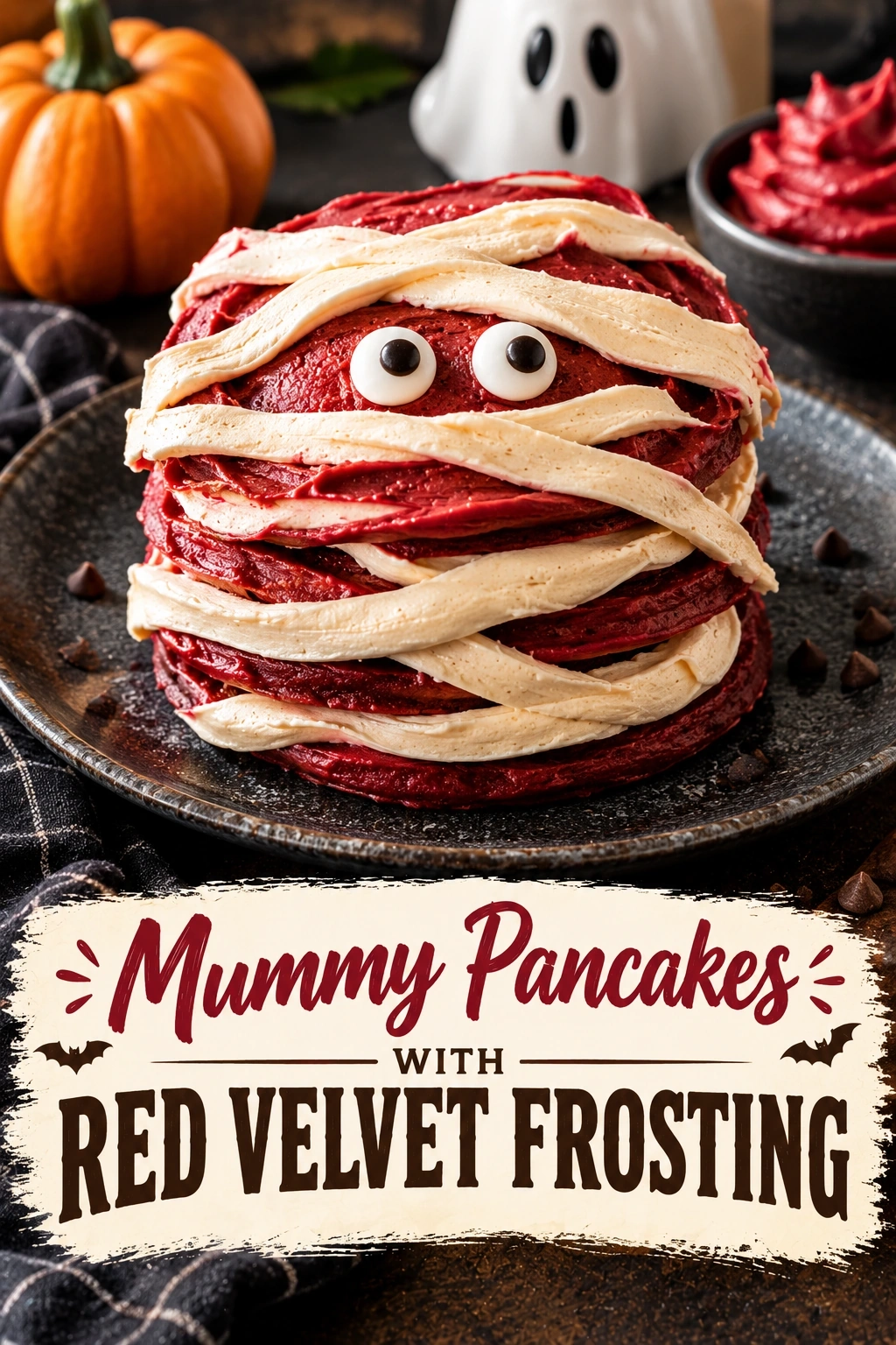 Mummy Pancakes with Red Velvet Frosting | Spooky Halloween Breakfast Idea recipe