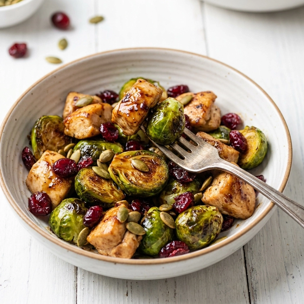 Balsamic Chicken, Brussels Sprouts, Cranberries and Pumpkin Seeds | Easy Sheet Pan Dinner recipe