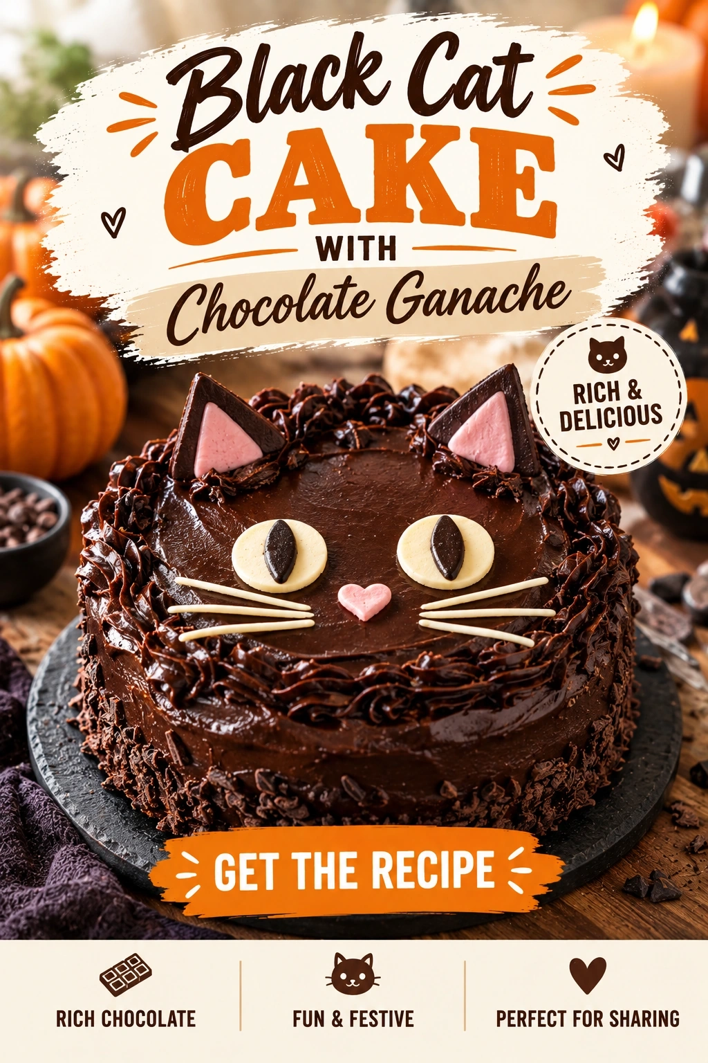 Black Cat Cake with Chocolate Ganache | Easy Halloween Dessert Idea recipe