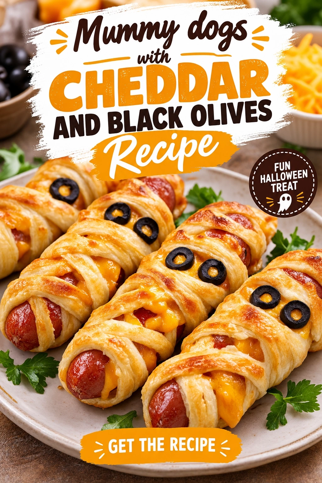 Cheesy Mummy Dogs with Black Olive Eyes | Easy Halloween Party Appetizers recipe