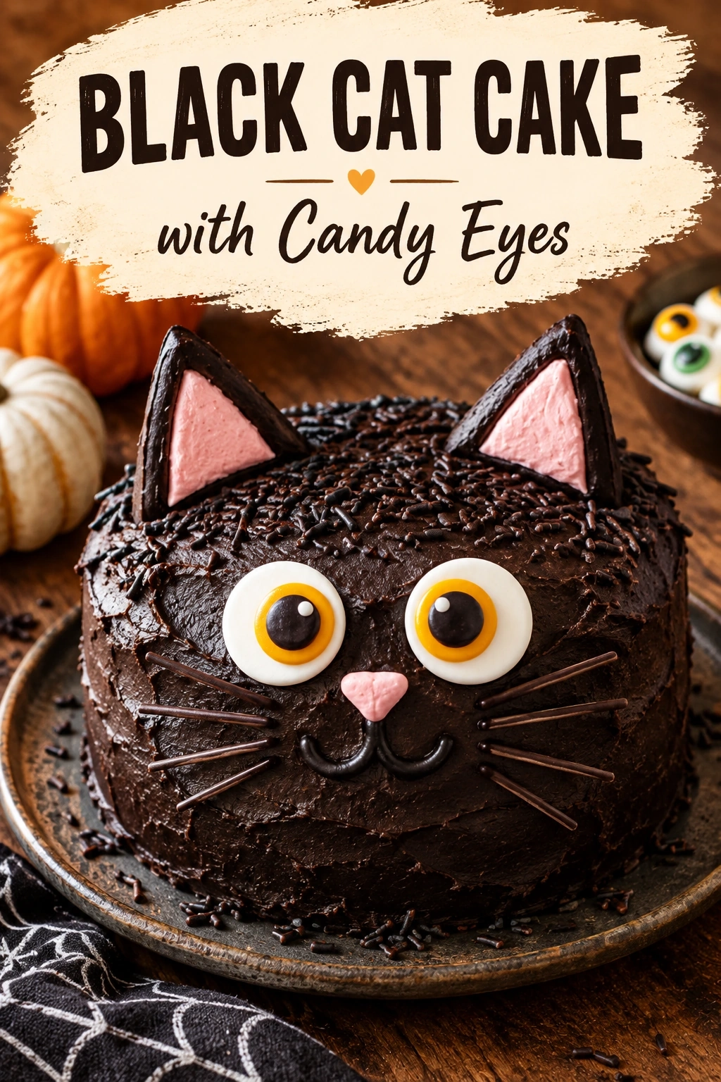 Black Cat Cake with Candy Eyes | Spooky Halloween Dessert Idea recipe