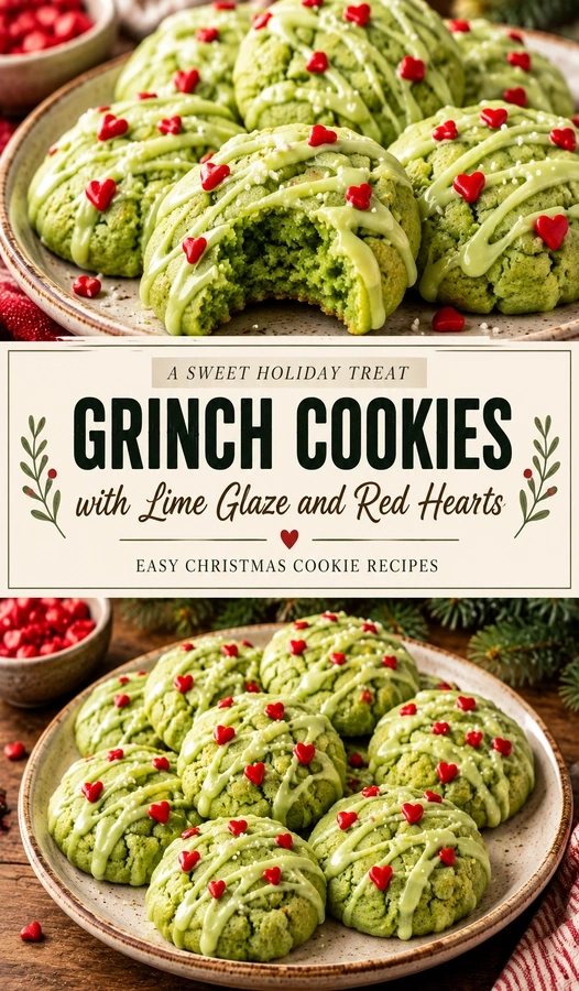 Grinch Cookies with Lime Glaze and Red Hearts | Easy Christmas Cookie Recipes | Festive Holiday Treats recipe