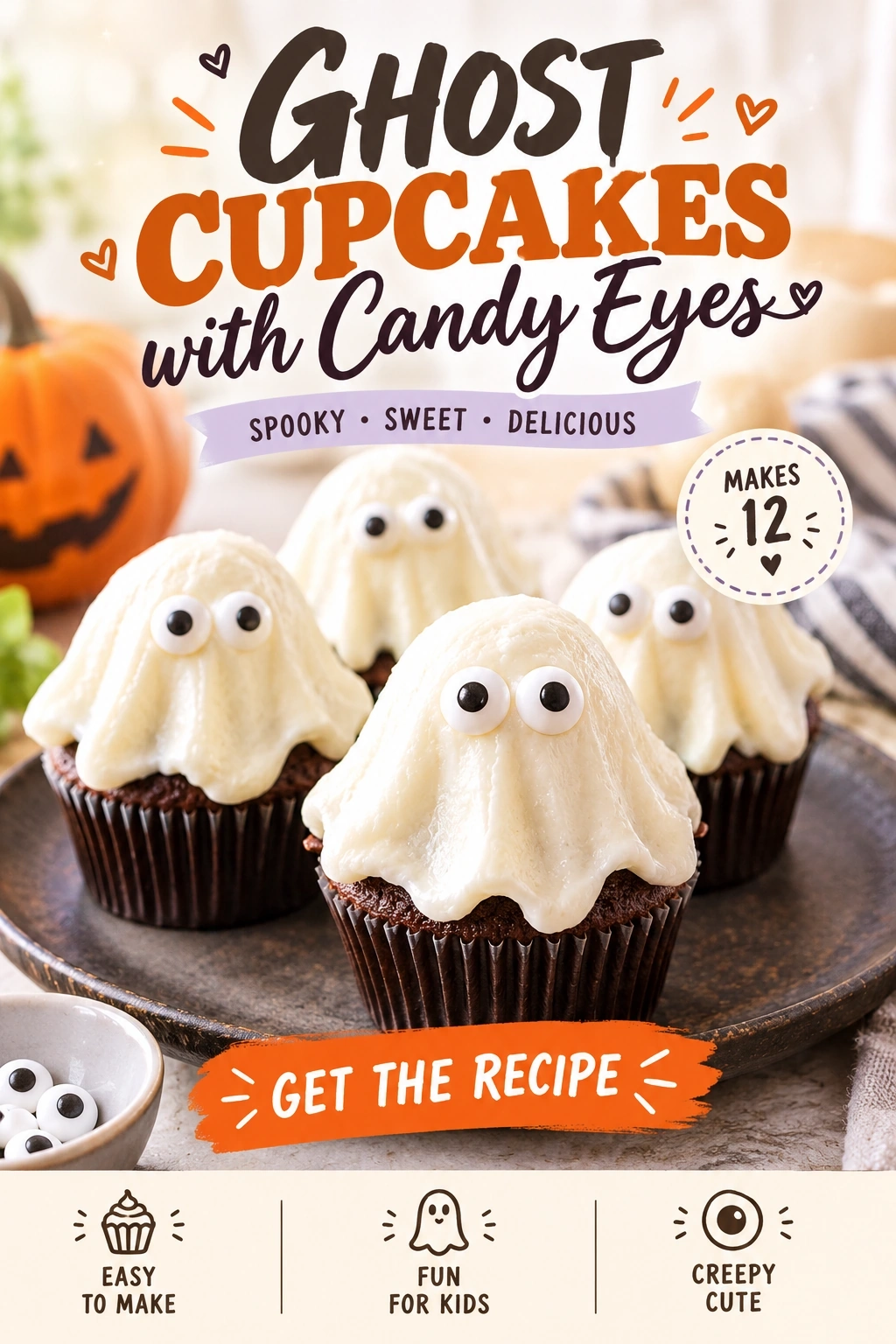 Ghost Cupcakes with Candy Eyes | Easy Halloween Dessert Ideas for Kids recipe