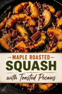 Roasted cubes of maple-glazed butternut squash topped with toasted pecans and fresh parsley on a white serving platter.