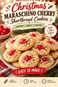 Buttery shortbread cookies topped with a bright red maraschino cherry, arranged on a platter for a festive holiday display.
