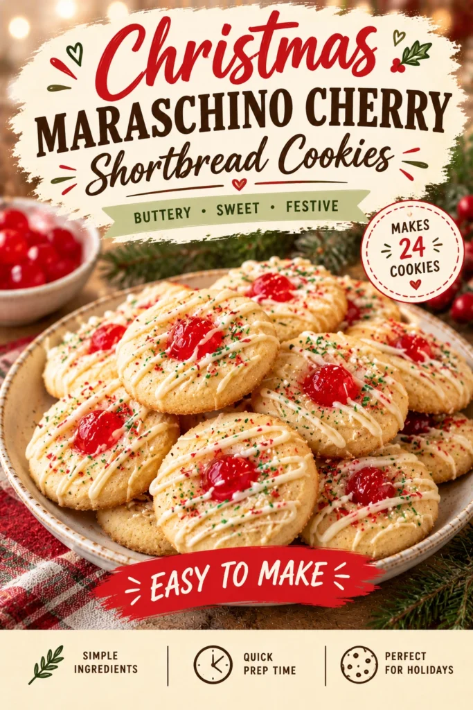 Buttery shortbread cookies topped with a bright red maraschino cherry, arranged on a platter for a festive holiday display.