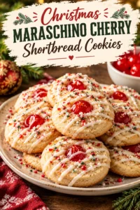 Round buttery shortbread cookies topped with a bright red maraschino cherry and a dusting of powdered sugar.