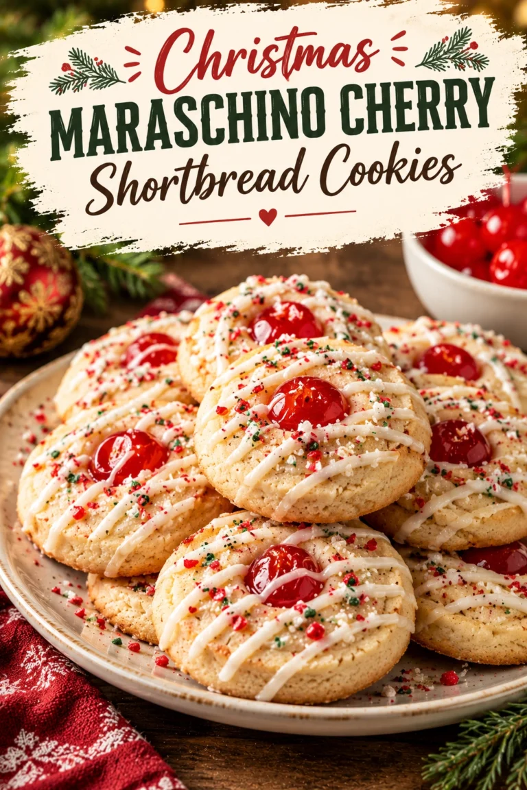 Round buttery shortbread cookies topped with a bright red maraschino cherry and a dusting of powdered sugar.
