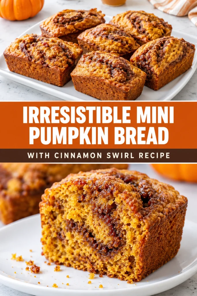 Three mini pumpkin bread loaves with a cinnamon swirl, stacked on a plate with autumn leaves in the background.