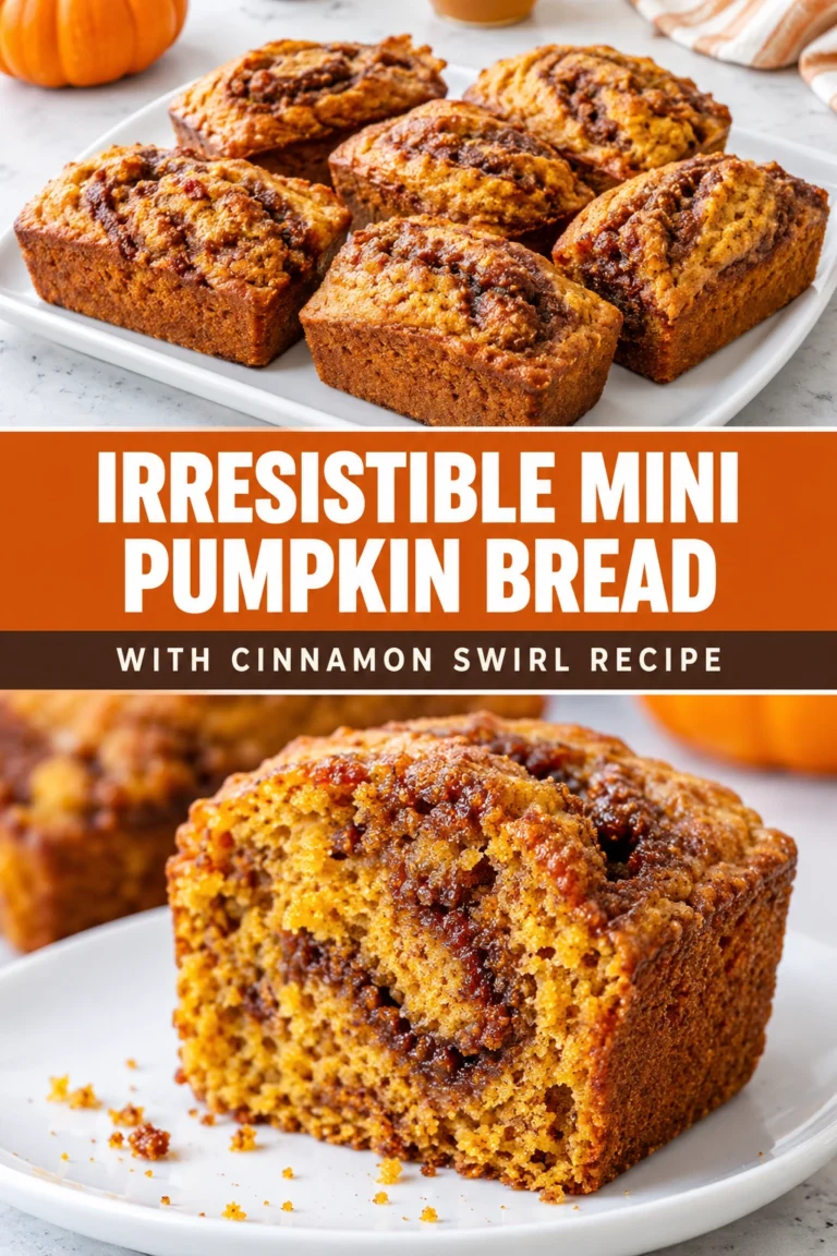 Three mini pumpkin bread loaves with a cinnamon swirl, stacked on a plate with autumn leaves in the background.