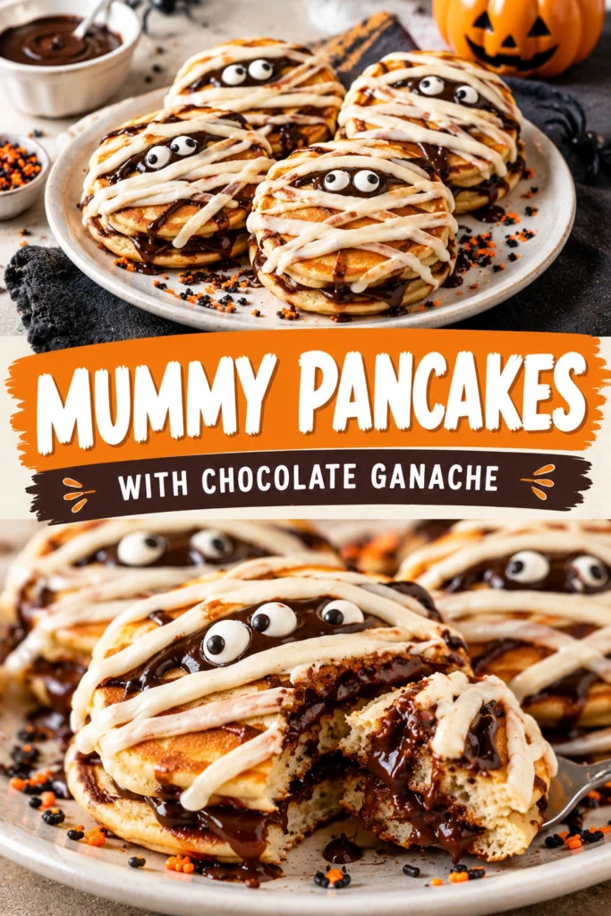 Stack of pancakes decorated with white icing strips like mummy bandages and chocolate ganache eyes on a white plate.