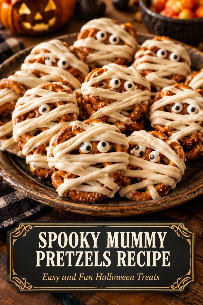 Pretzel rods dipped in white chocolate with thin chocolate stripes and two small candy eyes to look like mummies.