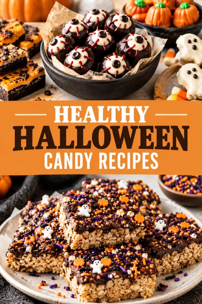 Small round date and nut energy bites drizzled with maple syrup, arranged on a plate for a Halloween treat.