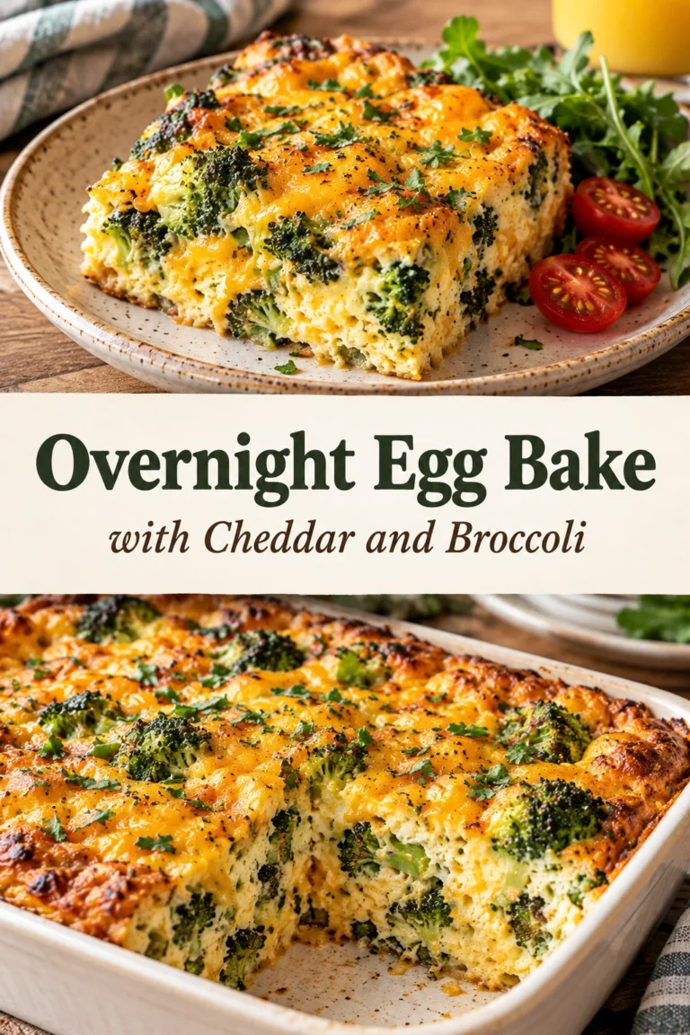 A golden-brown baked egg casserole with melted cheddar cheese and steamed broccoli florets in a white rectangular baking dish.