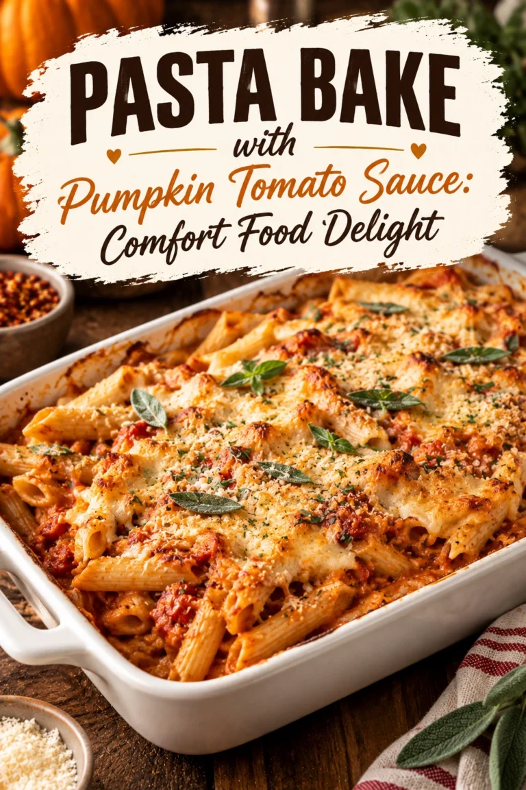 Baked pasta in a white dish topped with melted golden-brown cheese and a creamy orange pumpkin tomato sauce.