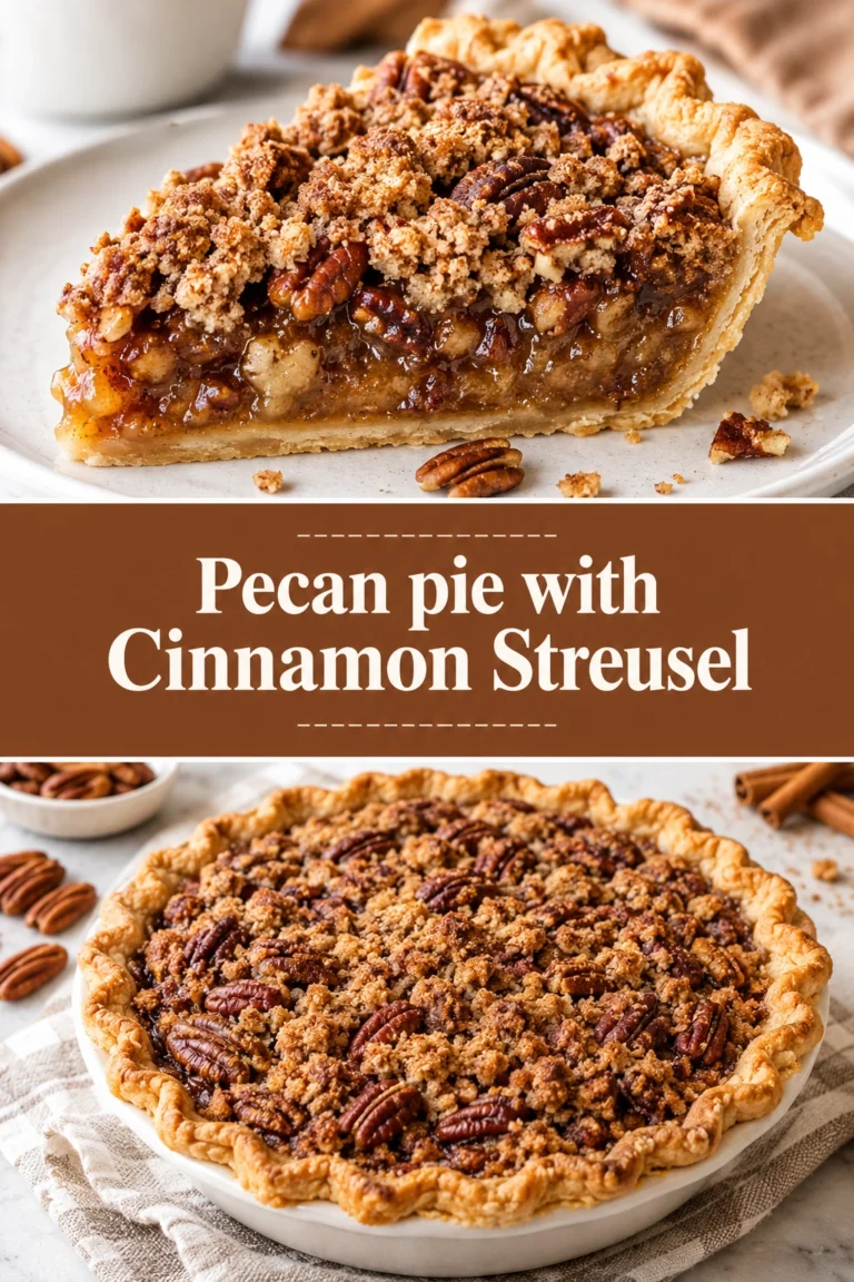 A slice of pecan pie with a cinnamon streusel topping on a plate, showing a gooey filling and crust.