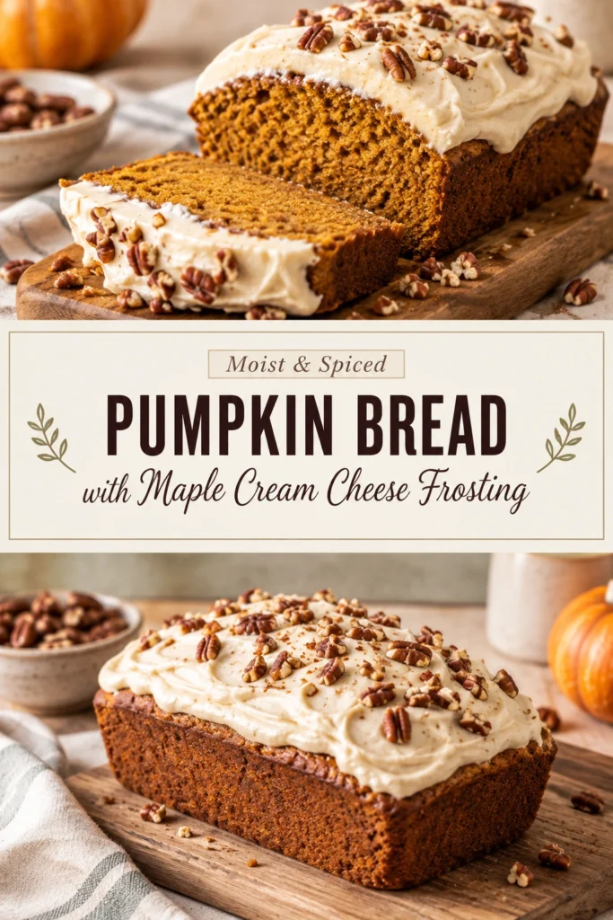 A slice of moist pumpkin bread topped with a swirl of maple cream cheese frosting on a rustic plate.