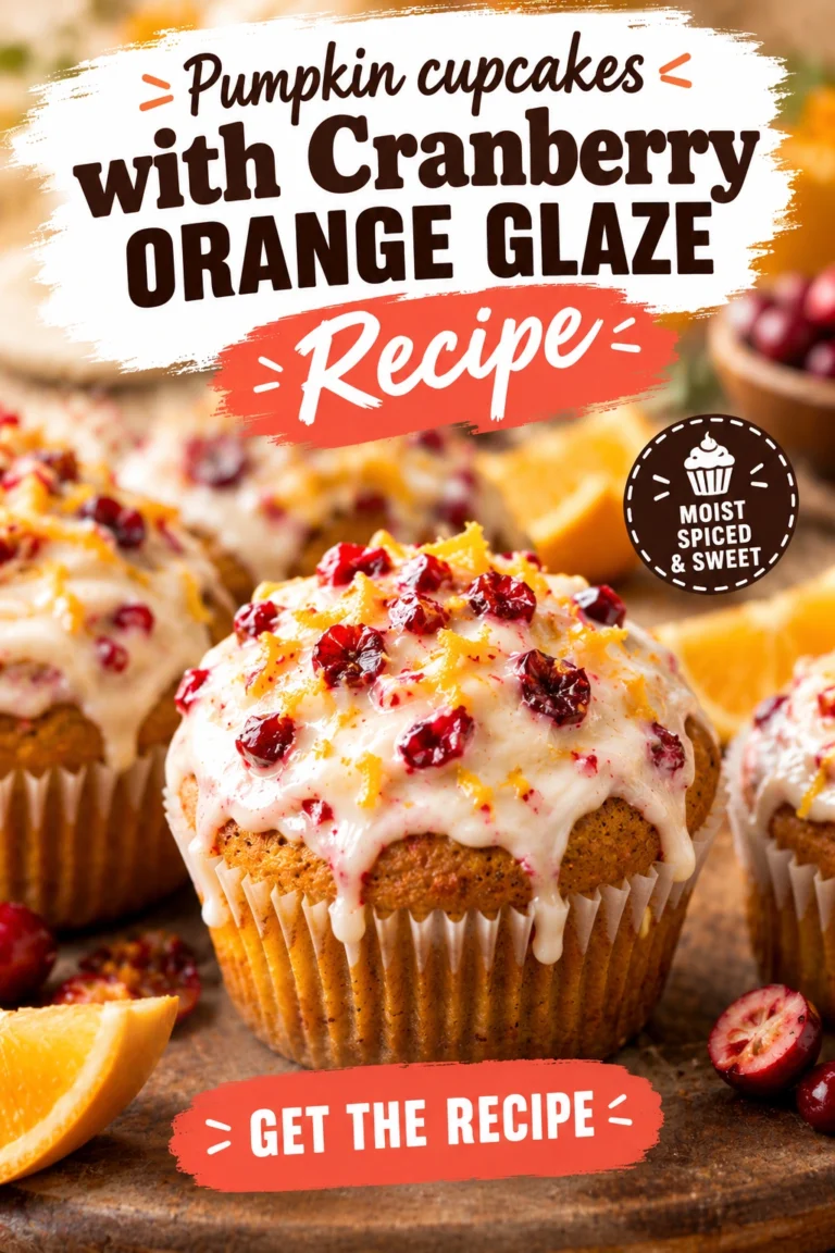 Pumpkin cupcakes topped with swirls of orange buttercream frosting and a drizzle of translucent cranberry orange glaze.