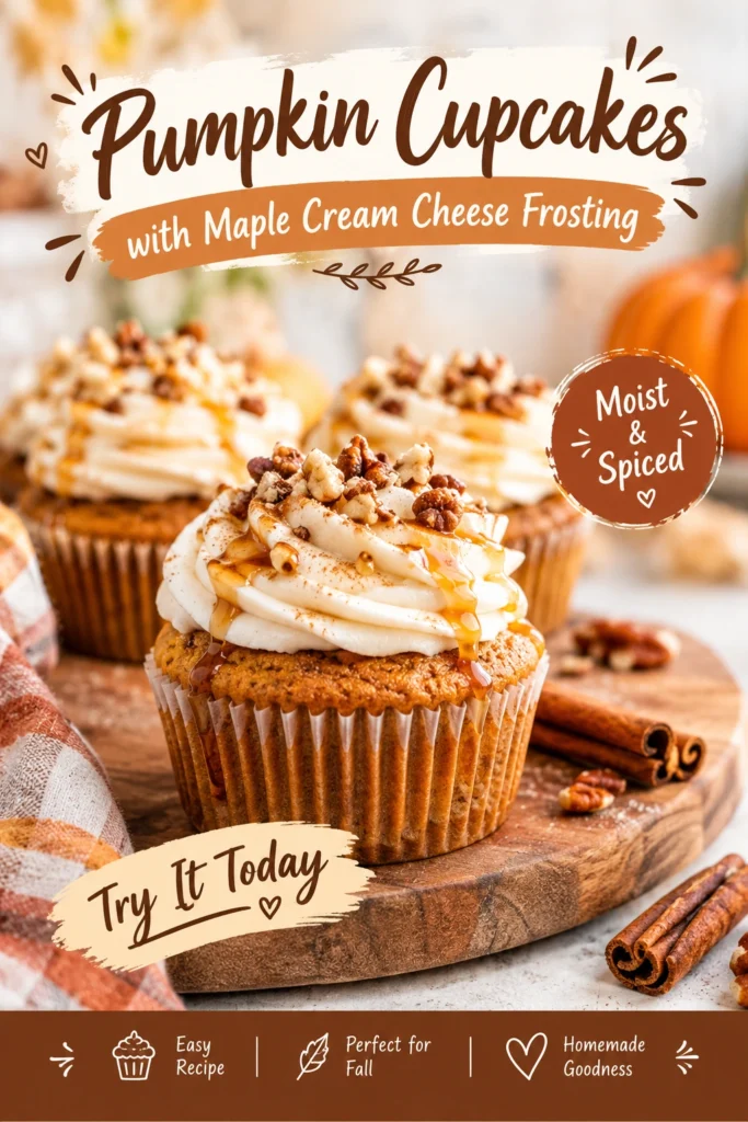 Three pumpkin cupcakes topped with swirls of maple cream cheese frosting and a sprinkle of cinnamon on a platter.