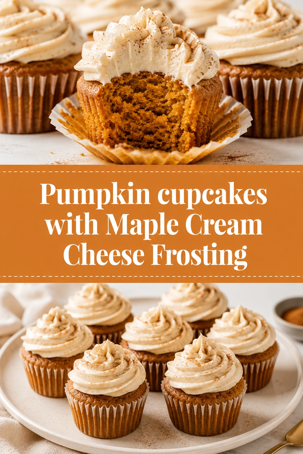 Pumpkin cupcakes topped with a swirl of maple cream cheese frosting and a sprinkle of cinnamon on a platter.