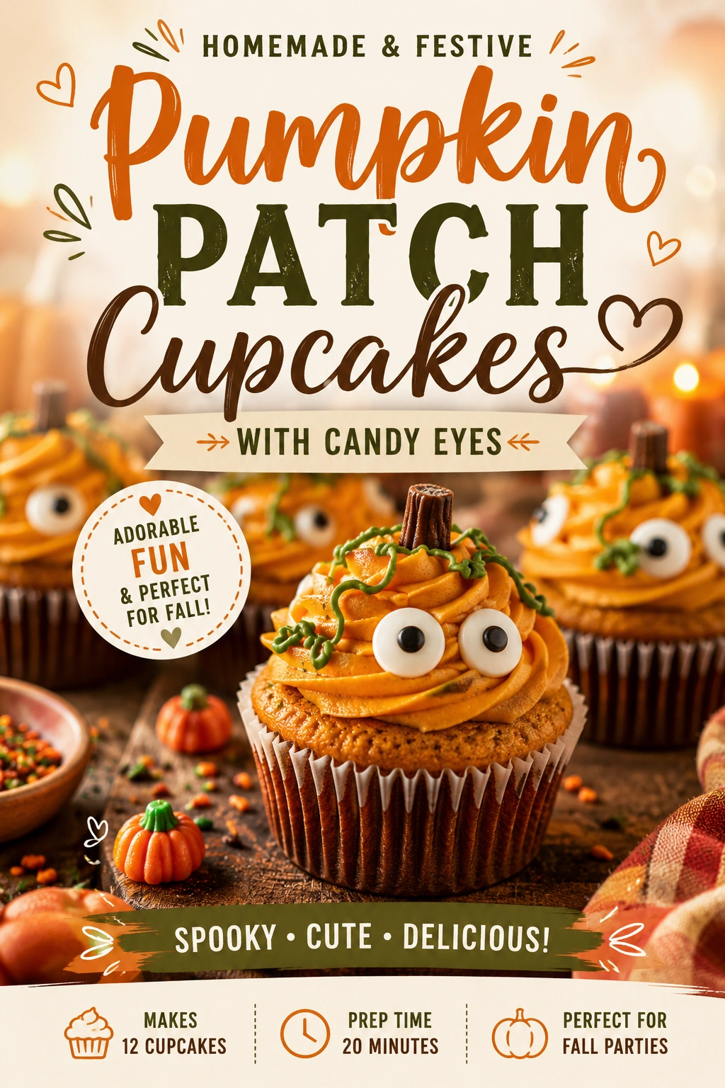 Pumpkin cupcakes topped with orange buttercream frosting shaped like pumpkins, featuring small candy eyes and green stem accents.
