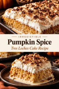 A slice of pumpkin spice tres leches cake topped with whipped cream and a sprinkle of cinnamon powder.