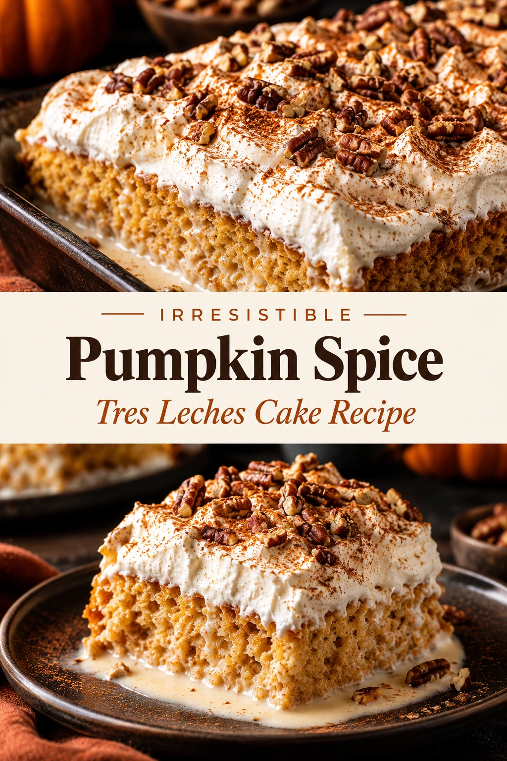 A slice of pumpkin spice tres leches cake topped with whipped cream and a sprinkle of cinnamon powder.