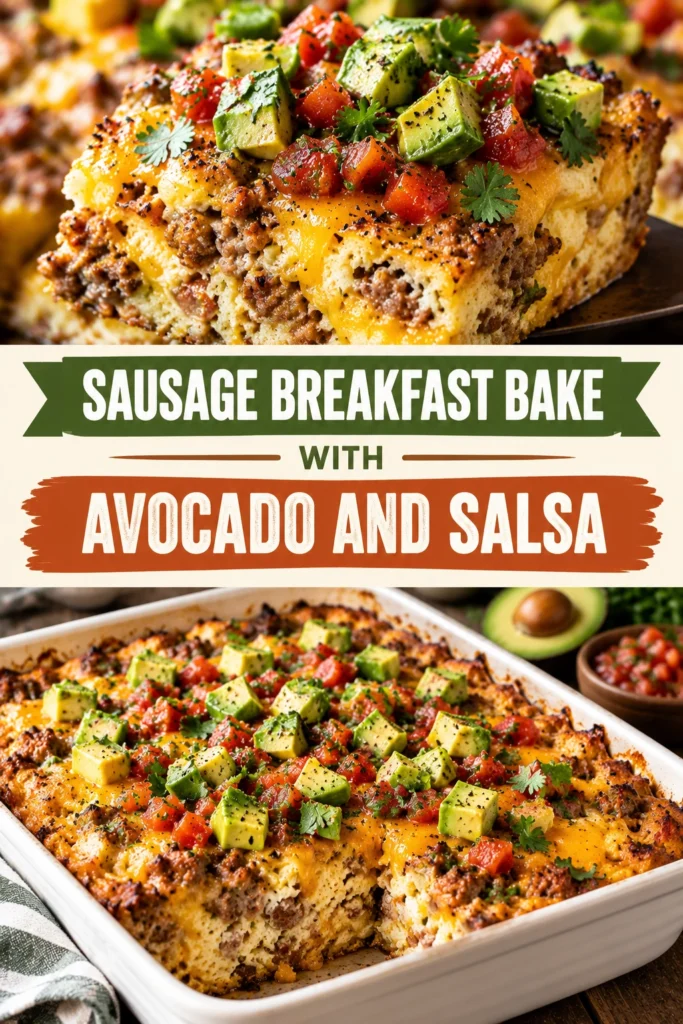 Sausage breakfast bake in a baking dish topped with sliced avocado, fresh salsa, and chopped cilantro.