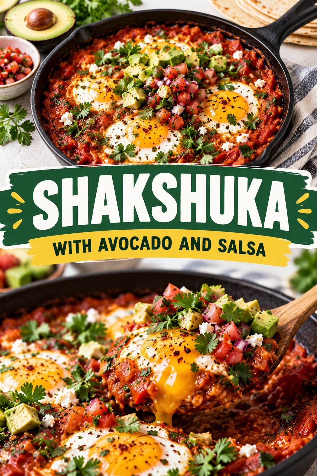 Poached eggs in a simmering tomato pepper sauce topped with sliced avocado, fresh salsa, and chopped cilantro in a skillet.