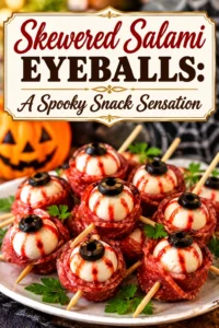 Slices of salami topped with mozzarella and an olive slice to look like eyeballs, served on toothpicks.