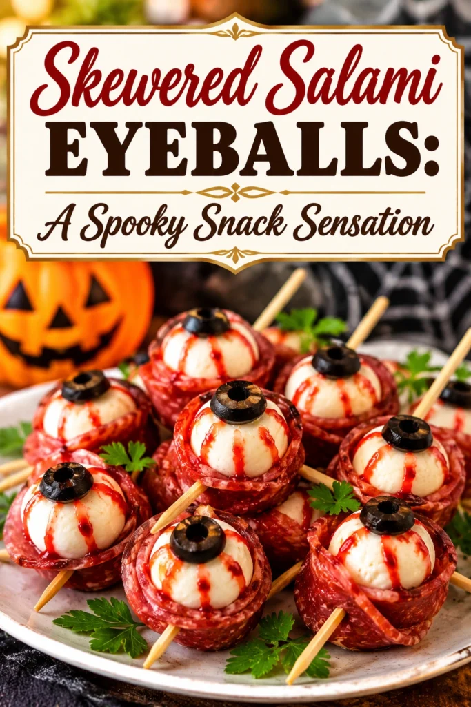 Slices of salami topped with mozzarella and an olive slice to look like eyeballs, served on toothpicks.