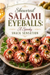 Slices of salami topped with cream cheese and olive slices to look like eyeballs, served on small wooden skewers.