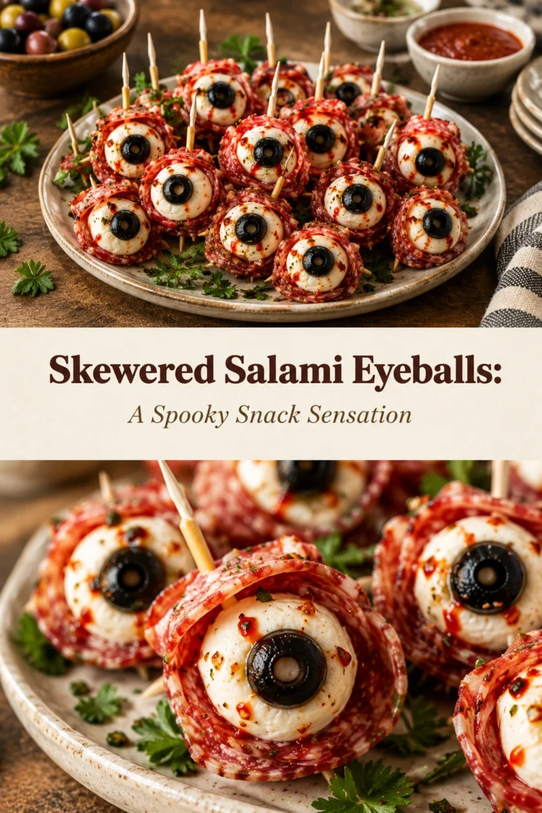Slices of salami topped with mozzarella pearls and olive slices to look like eyeballs on toothpicks on a platter.