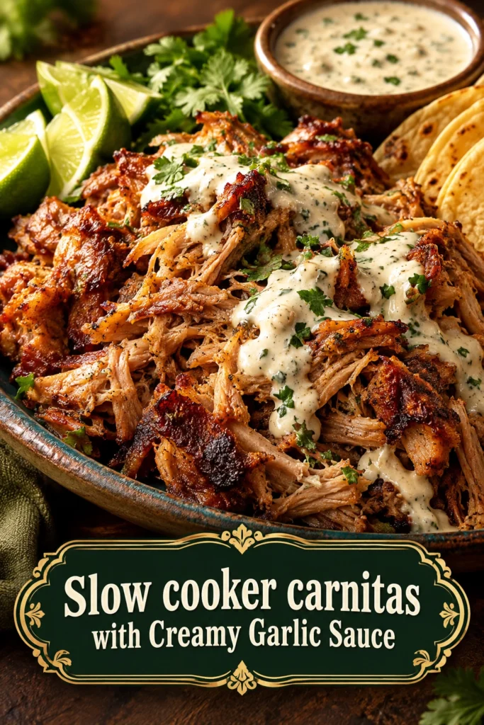 Shredded slow cooker carnitas in a bowl topped with a drizzle of creamy garlic sauce and fresh cilantro.