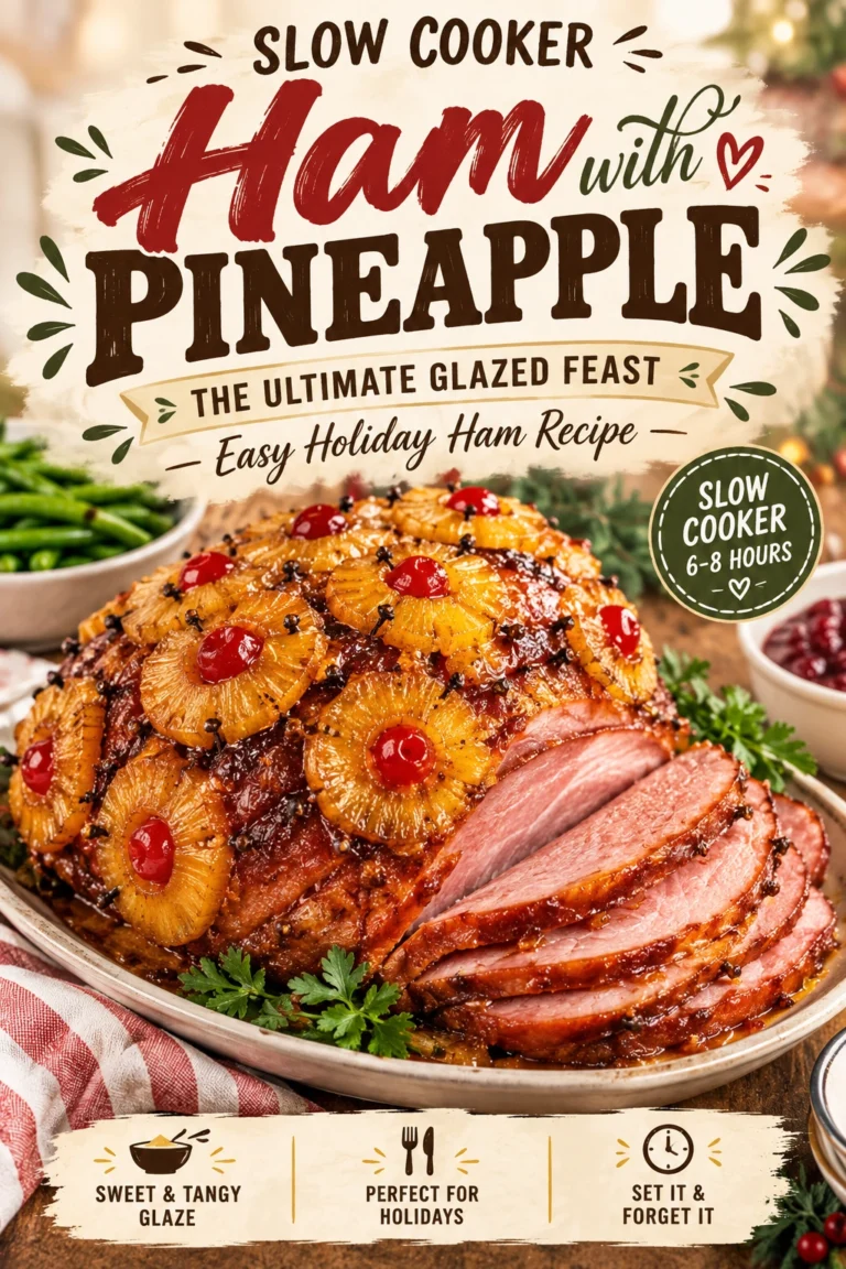 Sliced glazed ham topped with pineapple rings and cherries, served on a platter with a glossy brown sugar glaze.