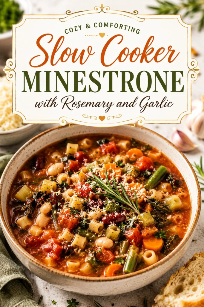 A hearty bowl of slow cooker minestrone soup with vegetables, beans, and pasta, garnished with a fresh rosemary sprig.