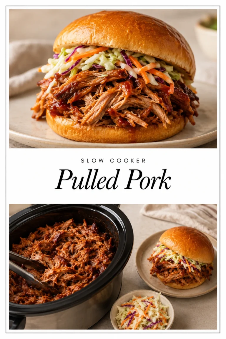Shredded slow cooker pulled pork piled high on a toasted bun with coleslaw and pickles on a white plate.