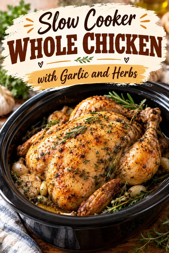 A golden brown whole roasted chicken in a slow cooker, garnished with fresh herbs and cloves of garlic.