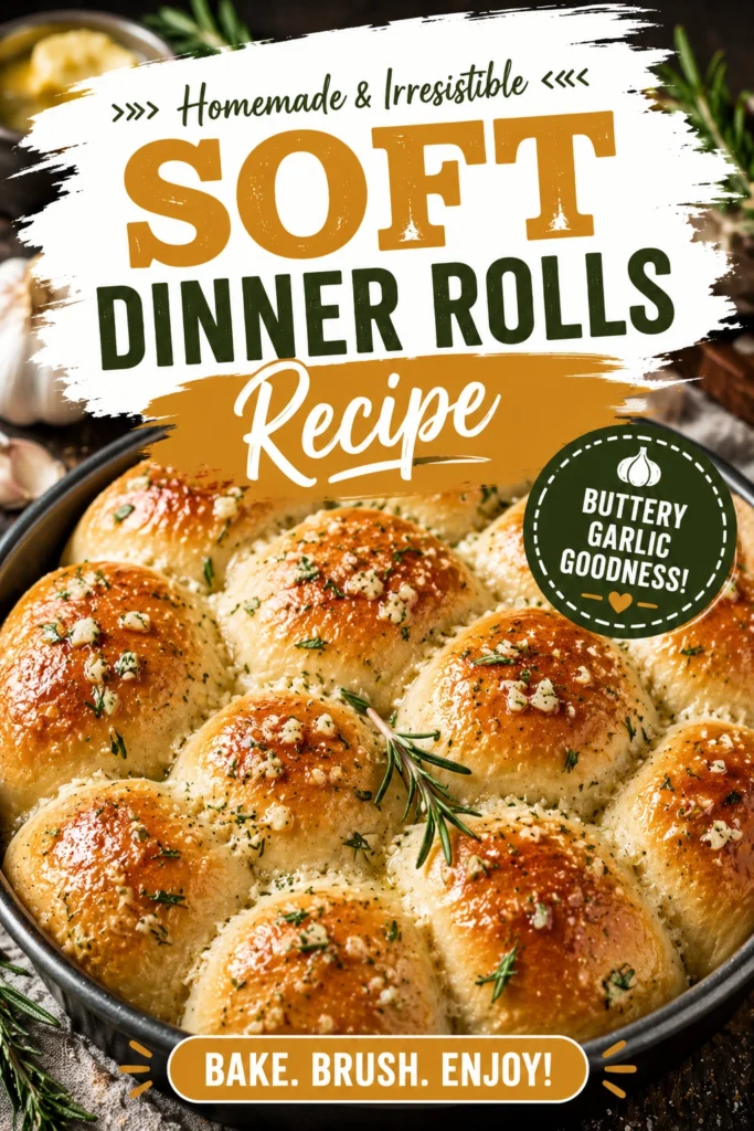 Golden brown soft dinner rolls topped with melted garlic butter and fresh rosemary sprigs in a baking pan.