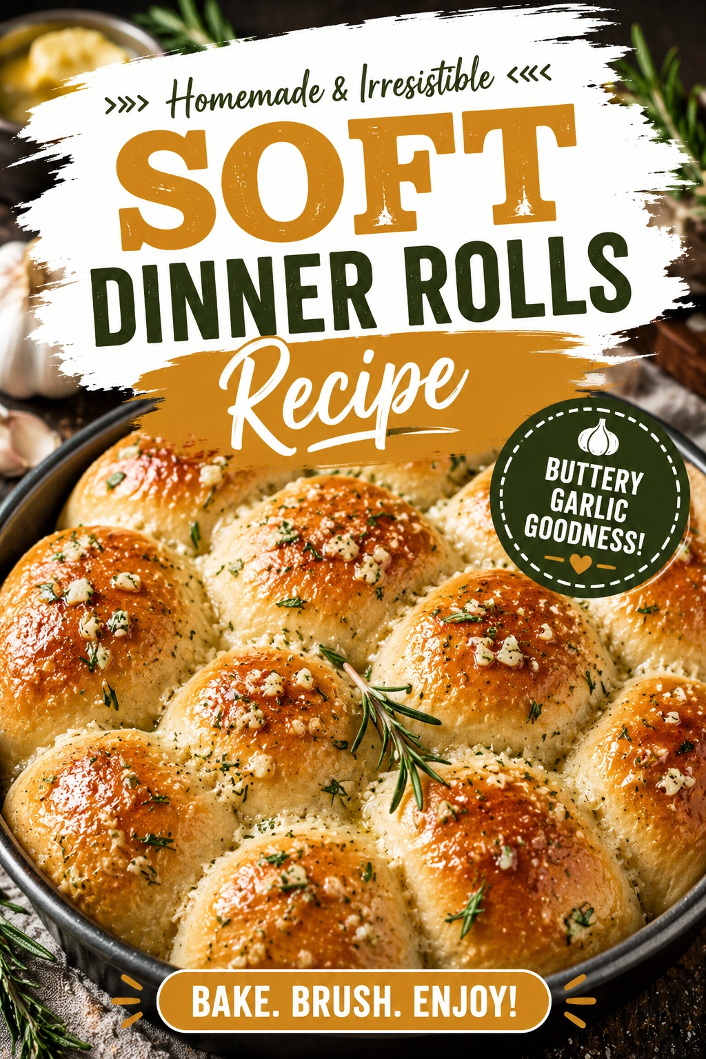 Golden brown soft dinner rolls topped with melted garlic butter and fresh rosemary sprigs in a baking pan.
