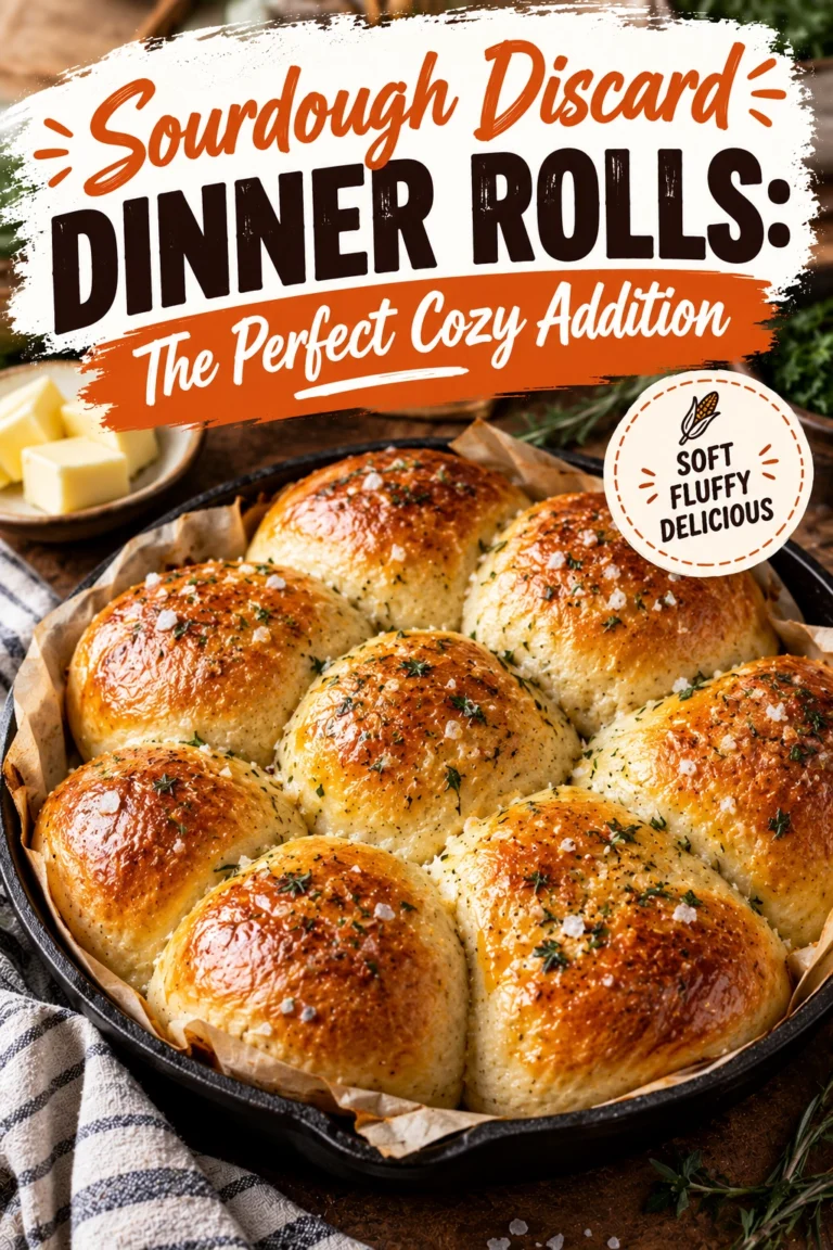 Golden brown sourdough discard dinner rolls piled in a basket, brushed with melted butter and topped with flaky salt.