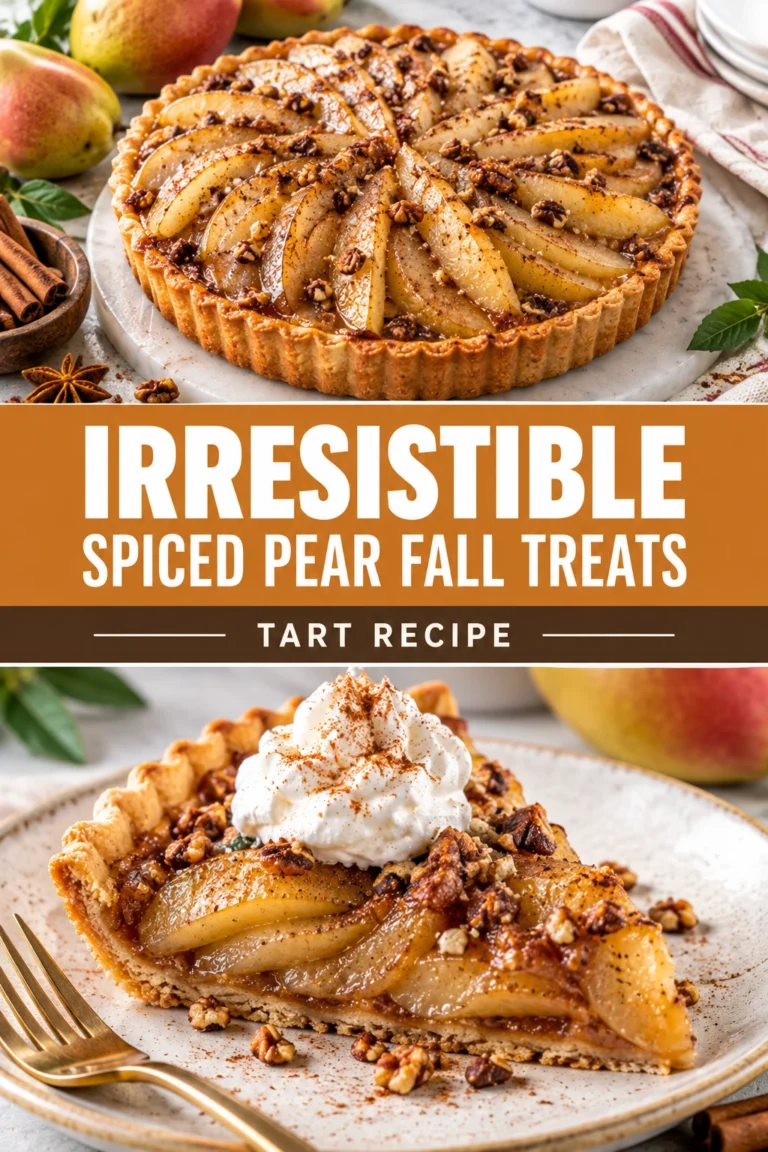 A spiced pear tart with thinly sliced pears arranged in a spiral over a golden crust, dusted with cinnamon.