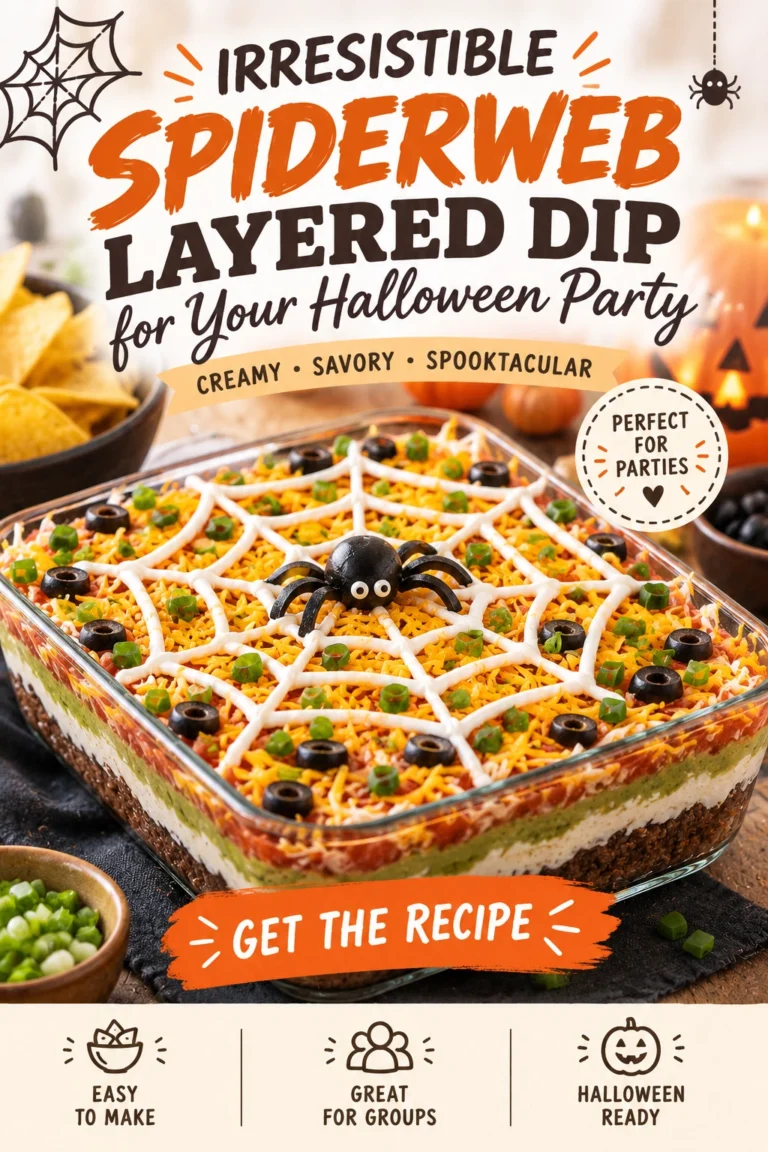 Layered bean dip topped with sour cream piped in a spiderweb pattern, garnished with black olives and green onions.