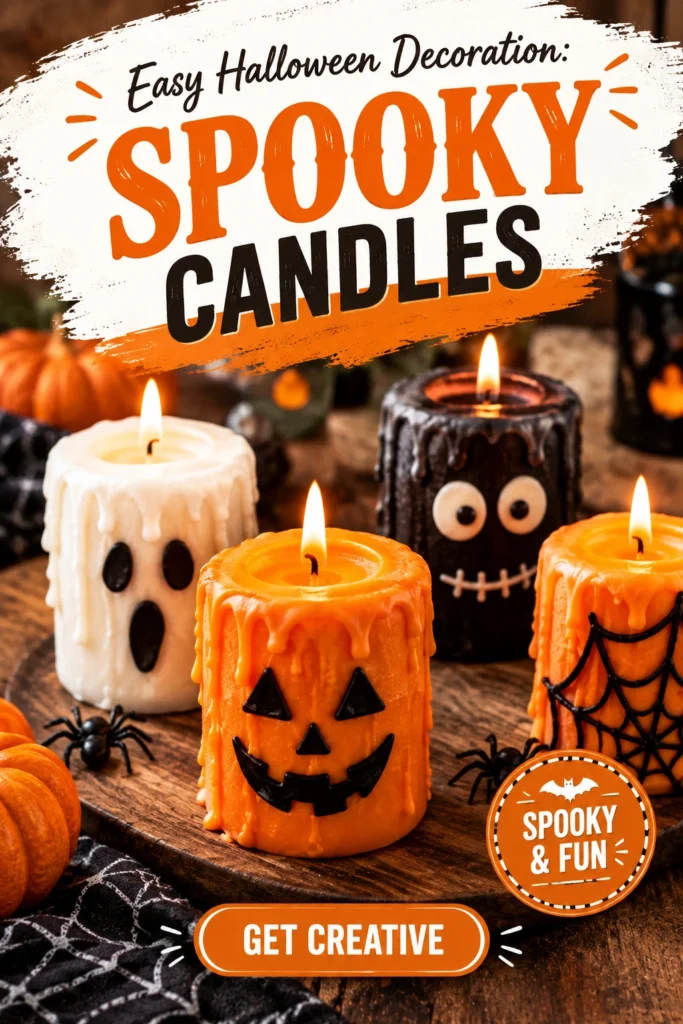 White pillar candles with realistic red wax drips designed to look like blood, set against a dark background.