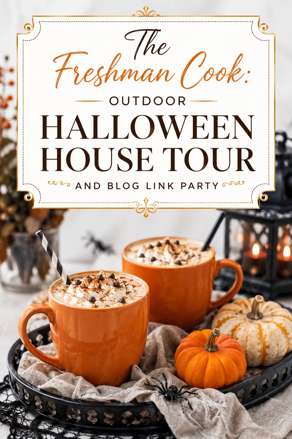 A festive Halloween outdoor house display with spooky decorations, pumpkins, and autumn foliage leading to a welcoming front porch.