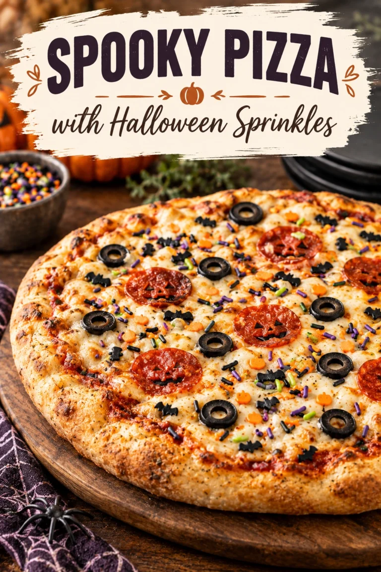 A round cheese pizza topped with orange and purple Halloween sprinkles, served on a wooden board with a festive backdrop.