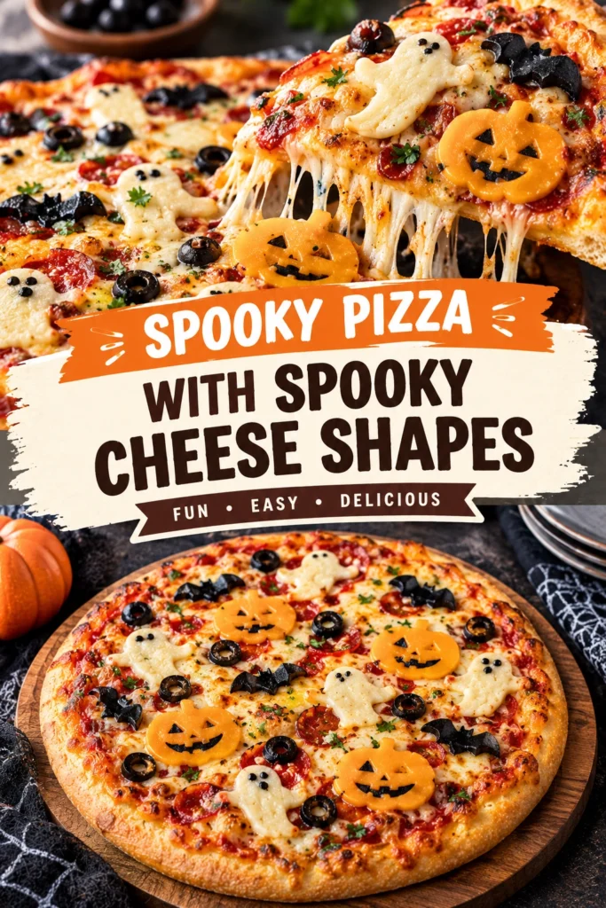 Pepperoni pizza topped with melted mozzarella cheese cut into spooky ghost and pumpkin shapes on a rustic baking sheet.