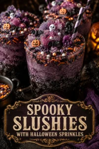 Bright purple frozen slushies in clear glasses, topped with orange and black Halloween sprinkles and festive straws.