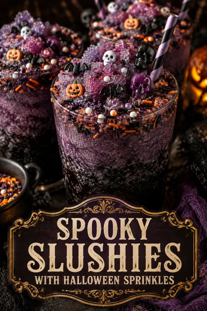 Bright purple frozen slushies in clear glasses, topped with orange and black Halloween sprinkles and festive straws.