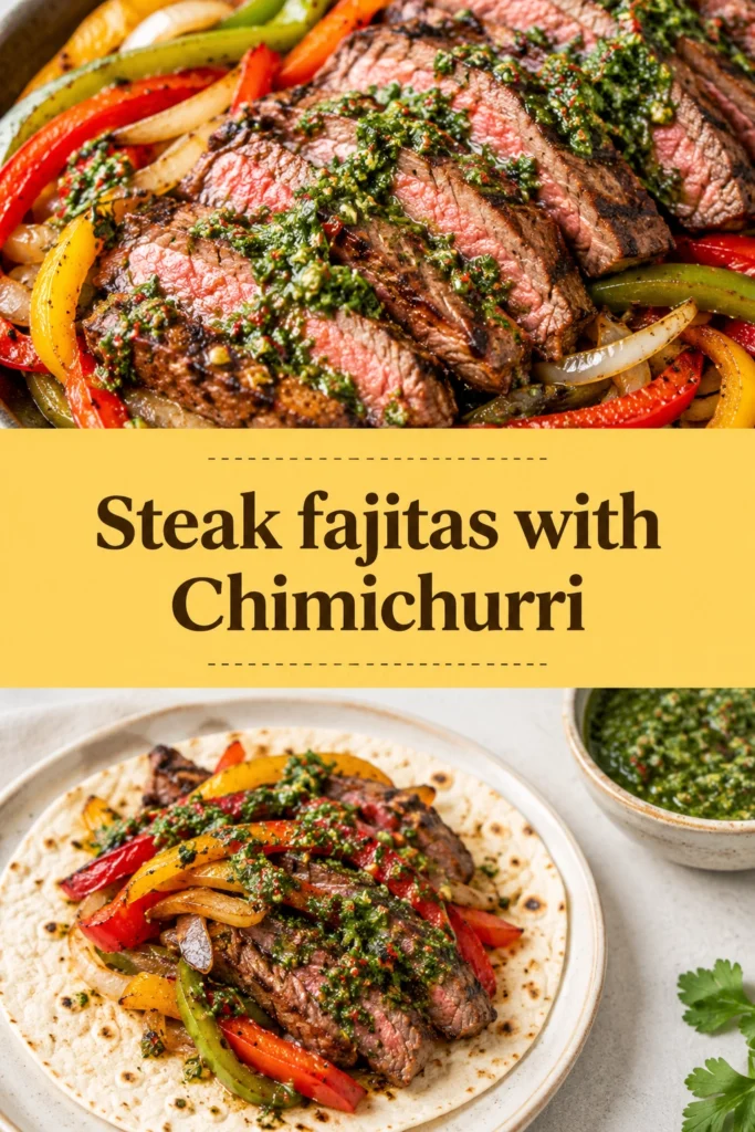 Sizzling steak fajitas with charred peppers and onions, topped with bright green chimichurri sauce in a cast iron skillet.